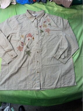 Victoria Jones Woman 2X Embroidered Cotton Button-Up Shirt